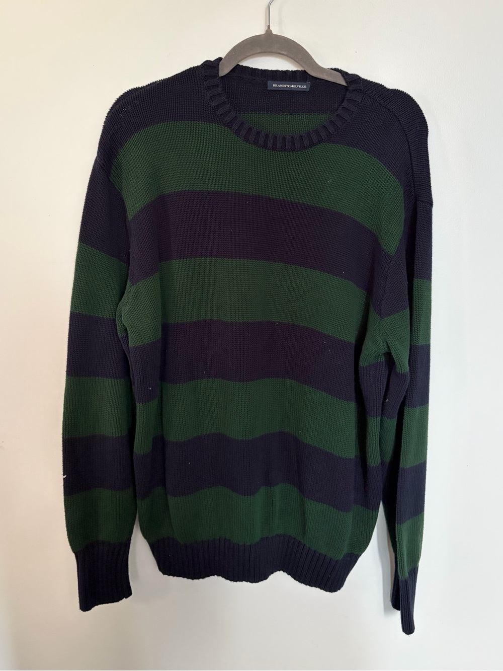 Brandy Melville 100% Cotton Green/Blue Striped Crewneck Sweater O/S